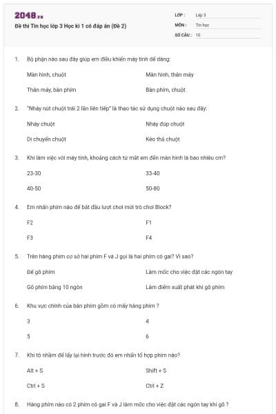 Đề thi Tin học lớp 3 Học kì 1 có đáp án (Đề 2)