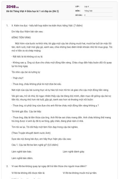 Đề thi Tiếng Việt 4 Giữa học kì 1 có đáp án (Đề 2)