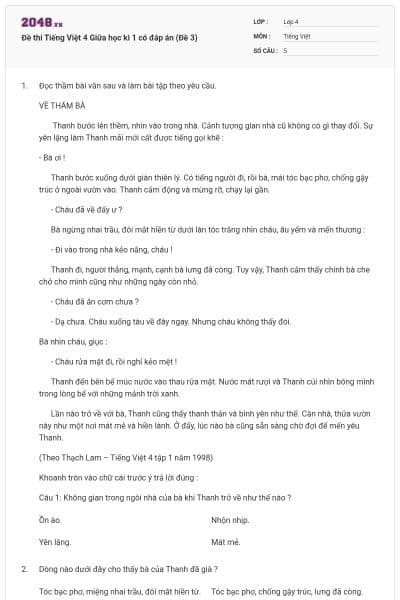 Đề thi Tiếng Việt 4 Giữa học kì 1 có đáp án (Đề 3)