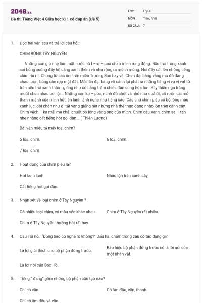 Đề thi Tiếng Việt 4 Giữa học kì 1 có đáp án (Đề 5)