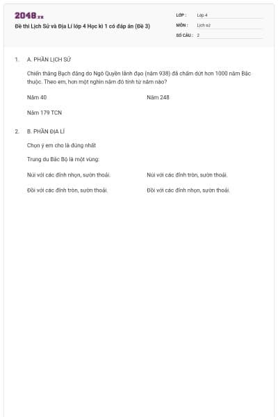 Đề thi Lịch Sử và Địa Lí lớp 4 Học kì 1 có đáp án (Đề 3)