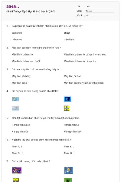 Đề thi Tin học lớp 3 Học kì 1 có đáp án (Đề 3)