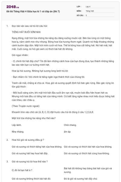 Đề thi Tiếng Việt 4 Giữa học kì 1 có đáp án (Đề 7)