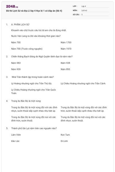 Đề thi Lịch Sử và Địa Lí lớp 4 Học kì 1 có đáp án (Đề 4)