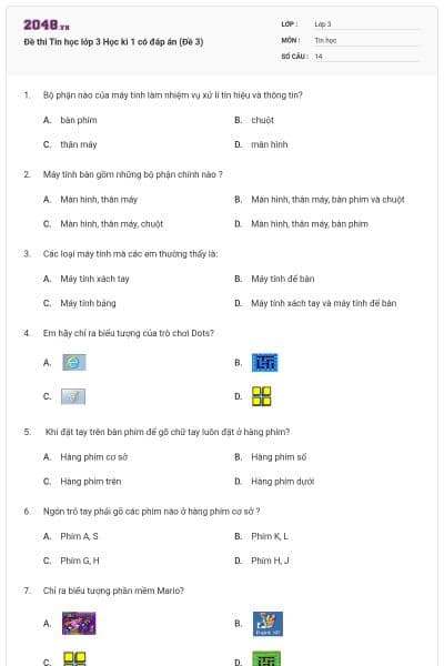 Đề thi Tin học lớp 3 Học kì 1 có đáp án (Đề 3)