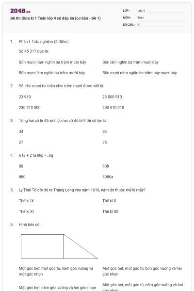 Đề thi Giữa kì 1 Toán lớp 4 có đáp án (cơ bản - Đề 1)