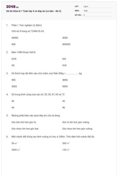 Đề thi Giữa kì 1 Toán lớp 4 có đáp án (cơ bản - Đề 3)