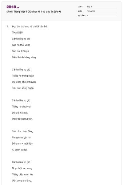 Đề thi Tiếng Việt 4 Giữa học kì 1 có đáp án (Đề 9)