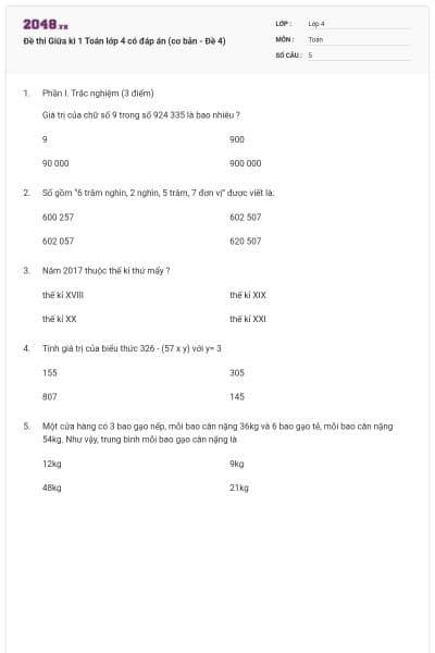 Đề thi Giữa kì 1 Toán lớp 4 có đáp án (cơ bản - Đề 4)