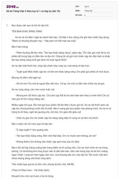 Đề thi Tiếng Việt 4 Giữa học kì 1 có đáp án (Đề 10)