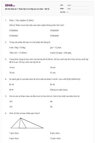 Đề thi Giữa kì 1 Toán lớp 4 có đáp án (cơ bản - Đề 5)