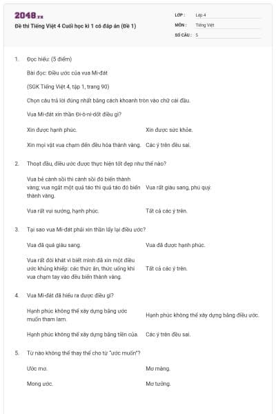 Đề thi Tiếng Việt 4 Cuối học kì 1 có đáp án (Đề 1)