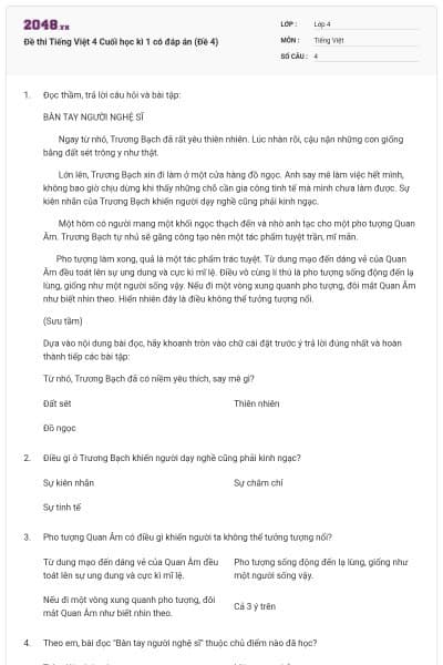 Đề thi Tiếng Việt 4 Cuối học kì 1 có đáp án (Đề 4)