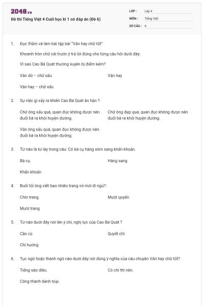 Đề thi Tiếng Việt 4 Cuối học kì 1 có đáp án (Đề 6)