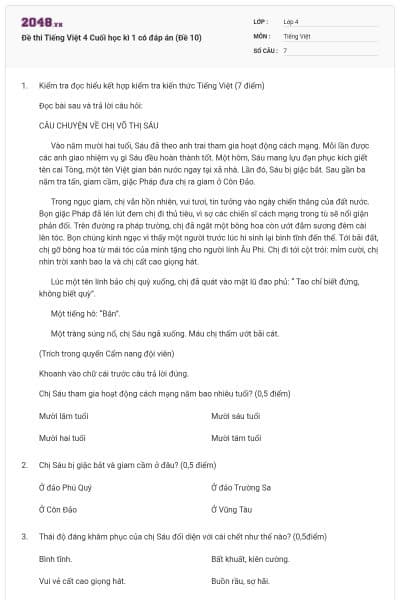 Đề thi Tiếng Việt 4 Cuối học kì 1 có đáp án (Đề 10)