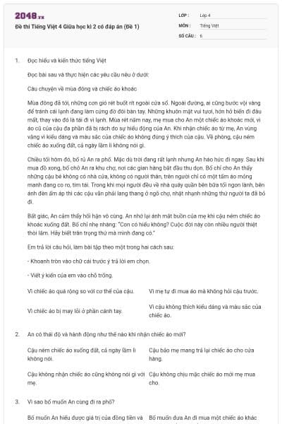 Đề thi Tiếng Việt 4 Giữa học kì 2 có đáp án (Đề 1)