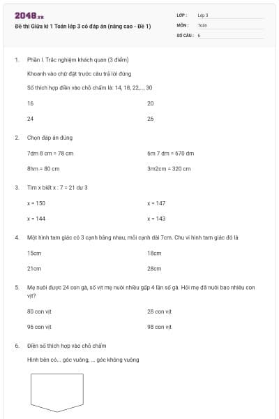 Đề thi Giữa kì 1 Toán lớp 3 có đáp án (nâng cao - Đề 1)