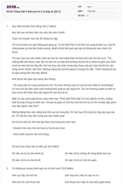 Đề thi Tiếng Việt 4 Giữa học kì 2 có đáp án (Đề 2)