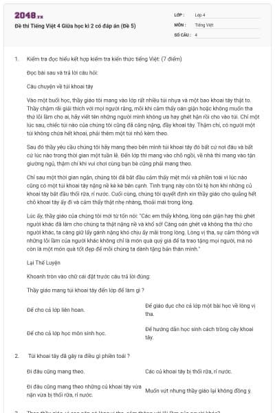 Đề thi Tiếng Việt 4 Giữa học kì 2 có đáp án (Đề 5)