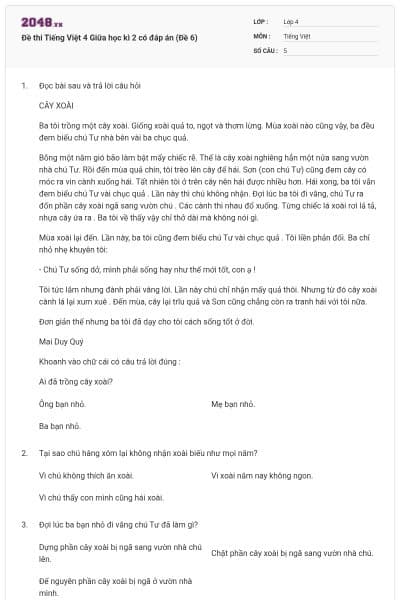 Đề thi Tiếng Việt 4 Giữa học kì 2 có đáp án (Đề 6)
