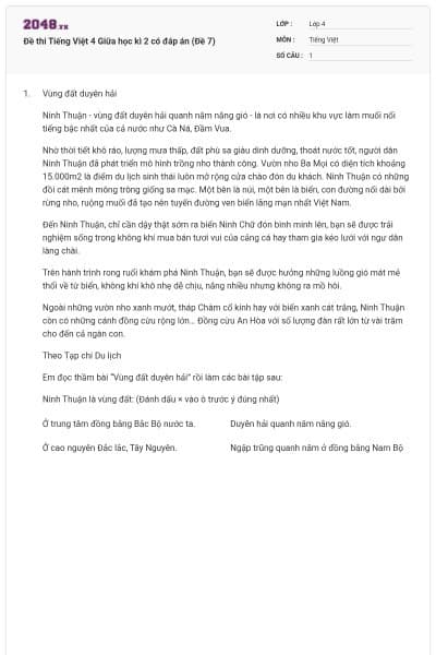 Đề thi Tiếng Việt 4 Giữa học kì 2 có đáp án (Đề 7)