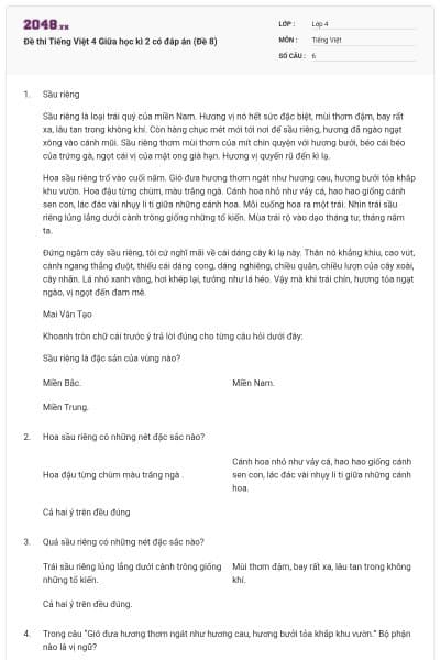 Đề thi Tiếng Việt 4 Giữa học kì 2 có đáp án (Đề 8)