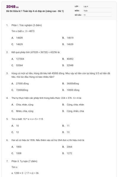 Đề thi Giữa kì 1 Toán lớp 4 có đáp án (nâng cao - Đề 1)