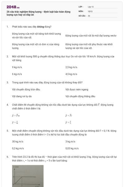 26 câu trắc nghiệm Động lượng - Định luật bảo toàn động lượng cực hay có đáp án