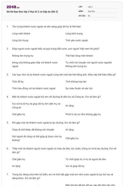 Đề thi Đạo Đức lớp 3 Học kì 2 có đáp án (Đề 2)