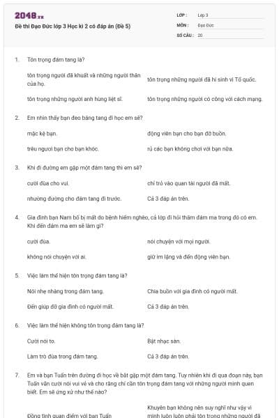 Đề thi Đạo Đức lớp 3 Học kì 2 có đáp án (Đề 5)