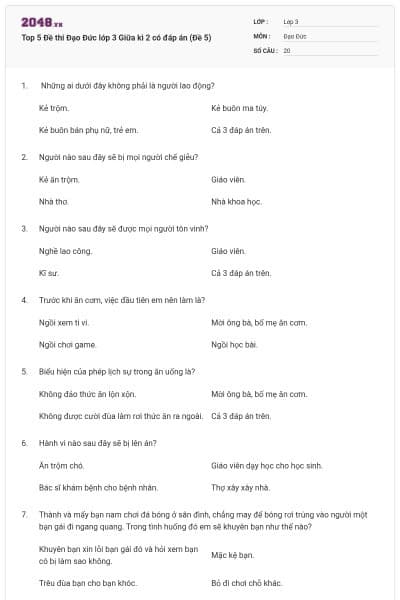 Top 5 Đề thi Đạo Đức lớp 3 Giữa kì 2 có đáp án (Đề 5)