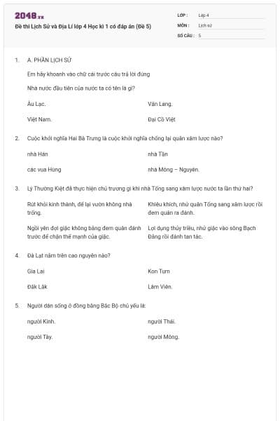 Đề thi Lịch Sử và Địa Lí lớp 4 Học kì 1 có đáp án (Đề 5)