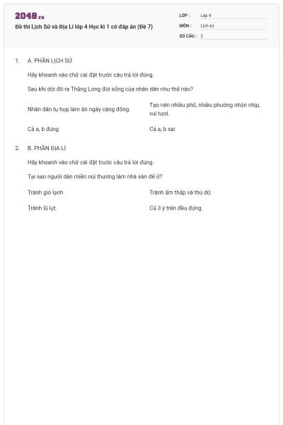 Đề thi Lịch Sử và Địa Lí lớp 4 Học kì 1 có đáp án (Đề 7)