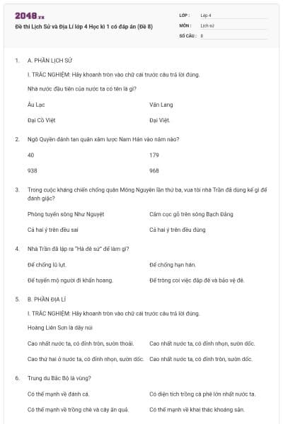 Đề thi Lịch Sử và Địa Lí lớp 4 Học kì 1 có đáp án (Đề 8)