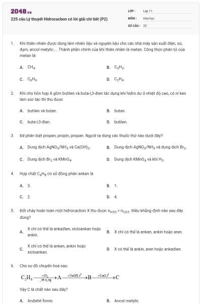 225 câu Lý thuyết Hidrocacbon có lời giải chi tiết (P2)