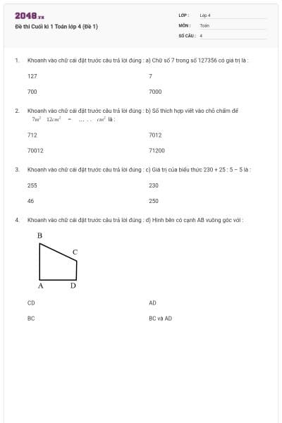 Đề thi Cuối kì 1 Toán lớp 4 (Đề 1)