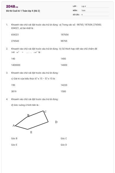 Đề thi Cuối kì 1 Toán lớp 4 (Đề 2)