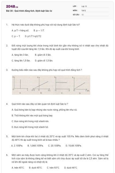 Bài 30 : Quá trình đẳng tích. Định luật Sác-lơ