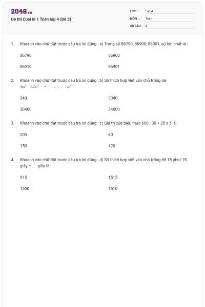 Đề thi Cuối kì 1 Toán lớp 4 (Đề 3)