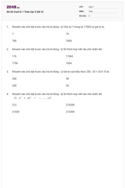 Đề thi Cuối kì 1 Toán lớp 4 (Đề 4)