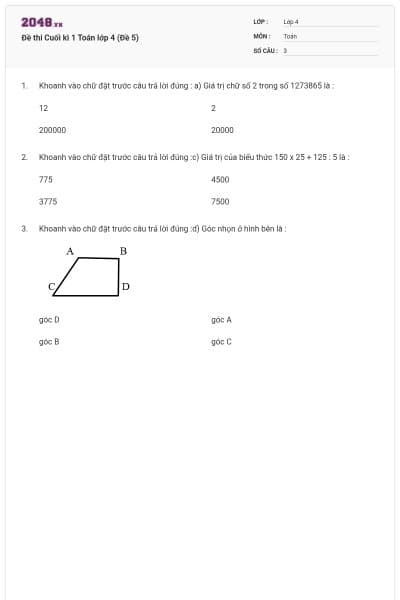 Đề thi Cuối kì 1 Toán lớp 4 (Đề 5)