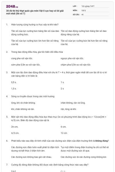 30 đề thi thử thpt quốc gia môn Vật lí cực hay có lời giải mới nhất (Đề số 7)