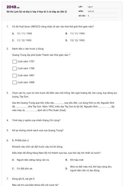 Đề thi Lịch Sử và Địa Lí lớp 4 Học kì 2 có đáp án (Đề 2)