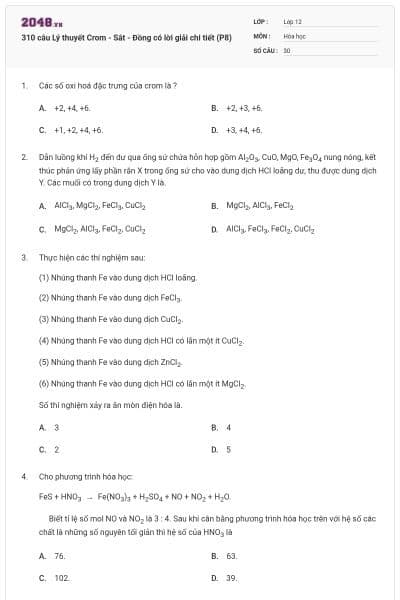 310 câu Lý thuyết Crom - Sắt - Đồng có lời giải chi tiết (P8)