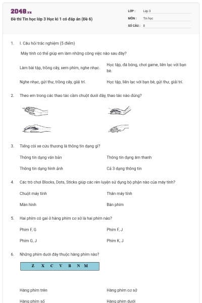 Đề thi Tin học lớp 3 Học kì 1 có đáp án (Đề 6)