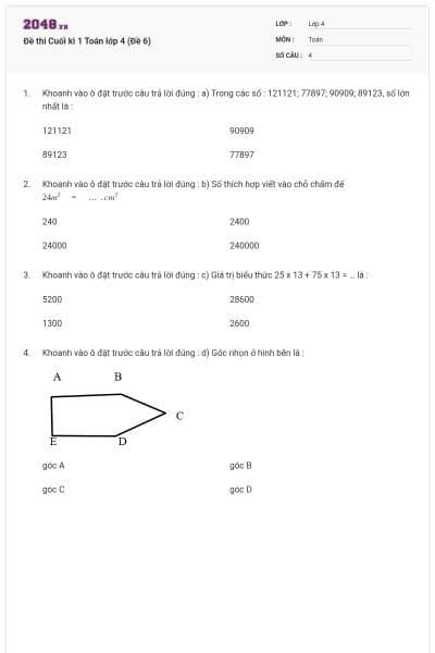 Đề thi Cuối kì 1 Toán lớp 4 (Đề 6)