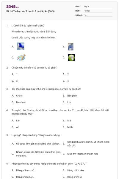 Đề thi Tin học lớp 3 Học kì 1 có đáp án (Đề 5)