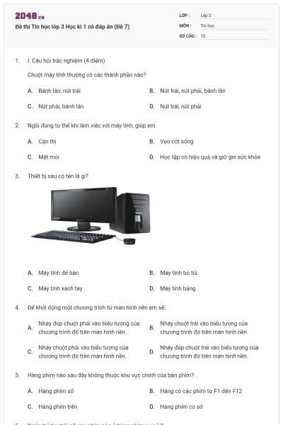 Đề thi Tin học lớp 3 Học kì 1 có đáp án (Đề 7)