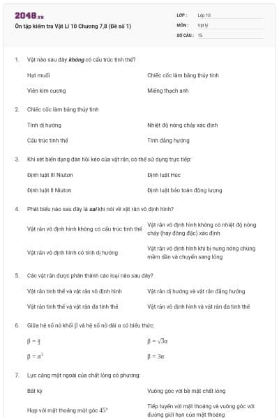 Ôn tập kiểm tra Vật Lí 10 Chương 7,8 (Đề số 1)