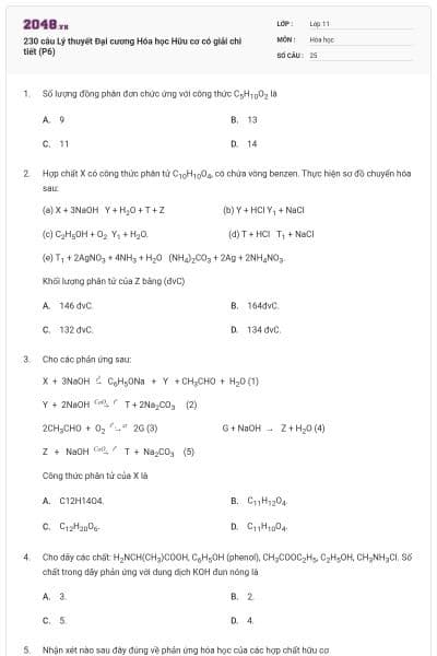 230 câu Lý thuyết Đại cương Hóa học Hữu cơ có giải chi tiết (P6)